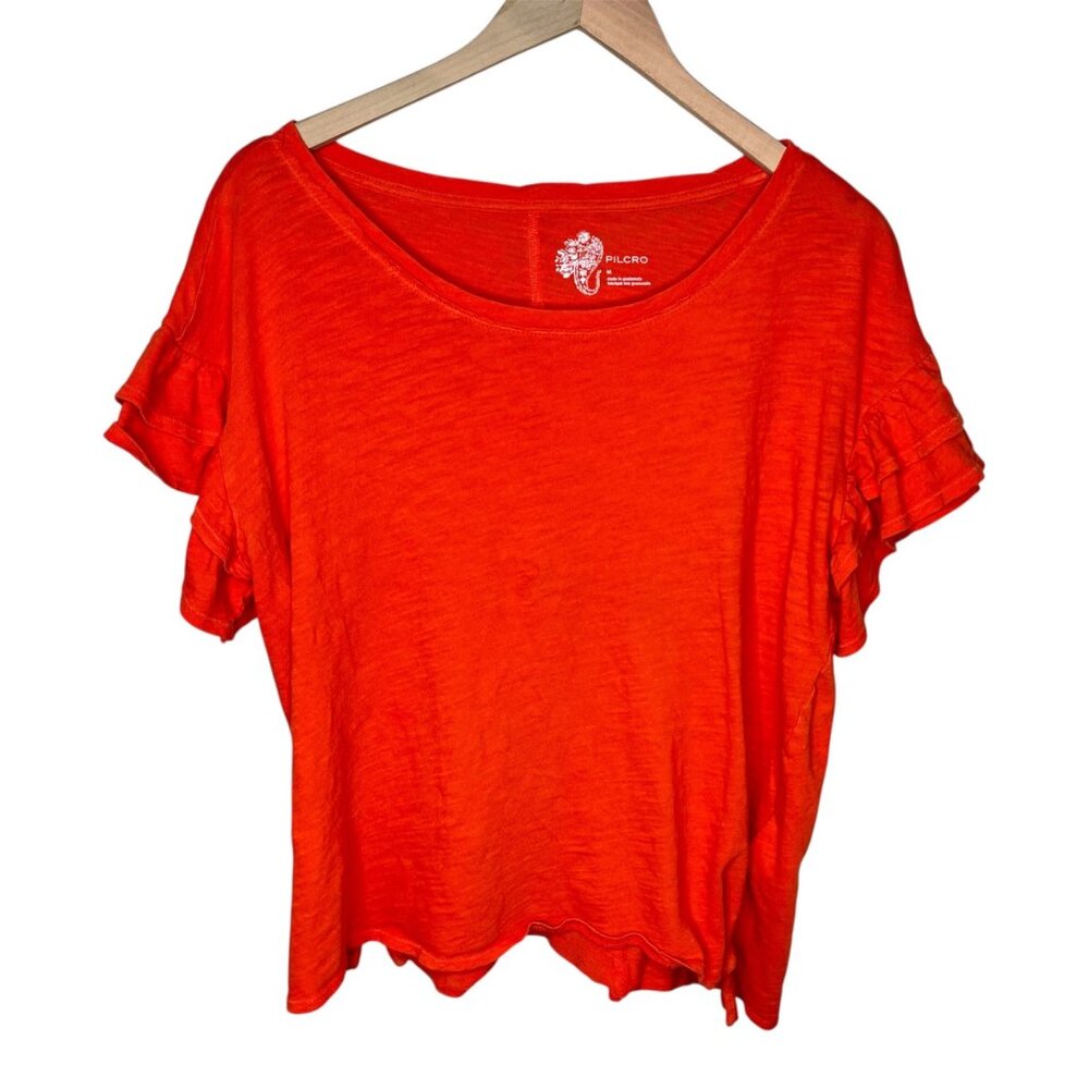 Pilcro Anthropologie Womens Ruffle Sleeve Orange Cotton Tunic Top Size M
